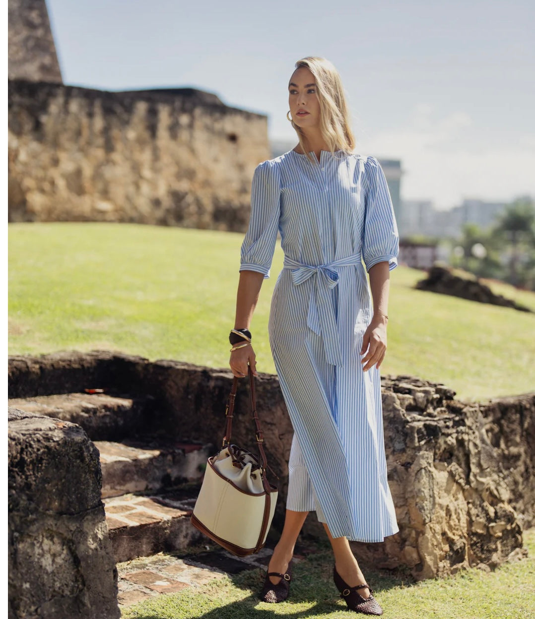 Bliss Puff Sleeve Striped Shirt Dress