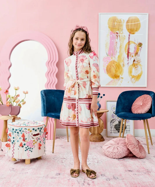 PORTER WHITE WITH LARGE PINK BROWN FLORAL DRESS 2049