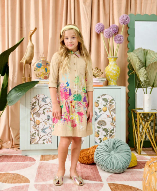 PORTER SAND W/ NEON FLORAL BUTTON DOWN DRESS 2047
