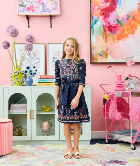 PORTER NAVY LINEN EMBROIDERED DRESS WITH BELT & SLEEVE TIES 2154
